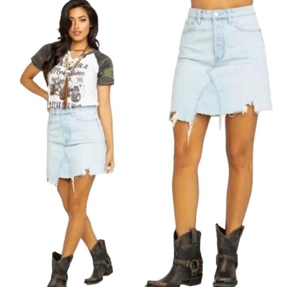 FREE PEOPLE We the Free Going Rogue Tidal Wave Button Fly Denim Jean Skirt - NWT - Picture 1 of 7